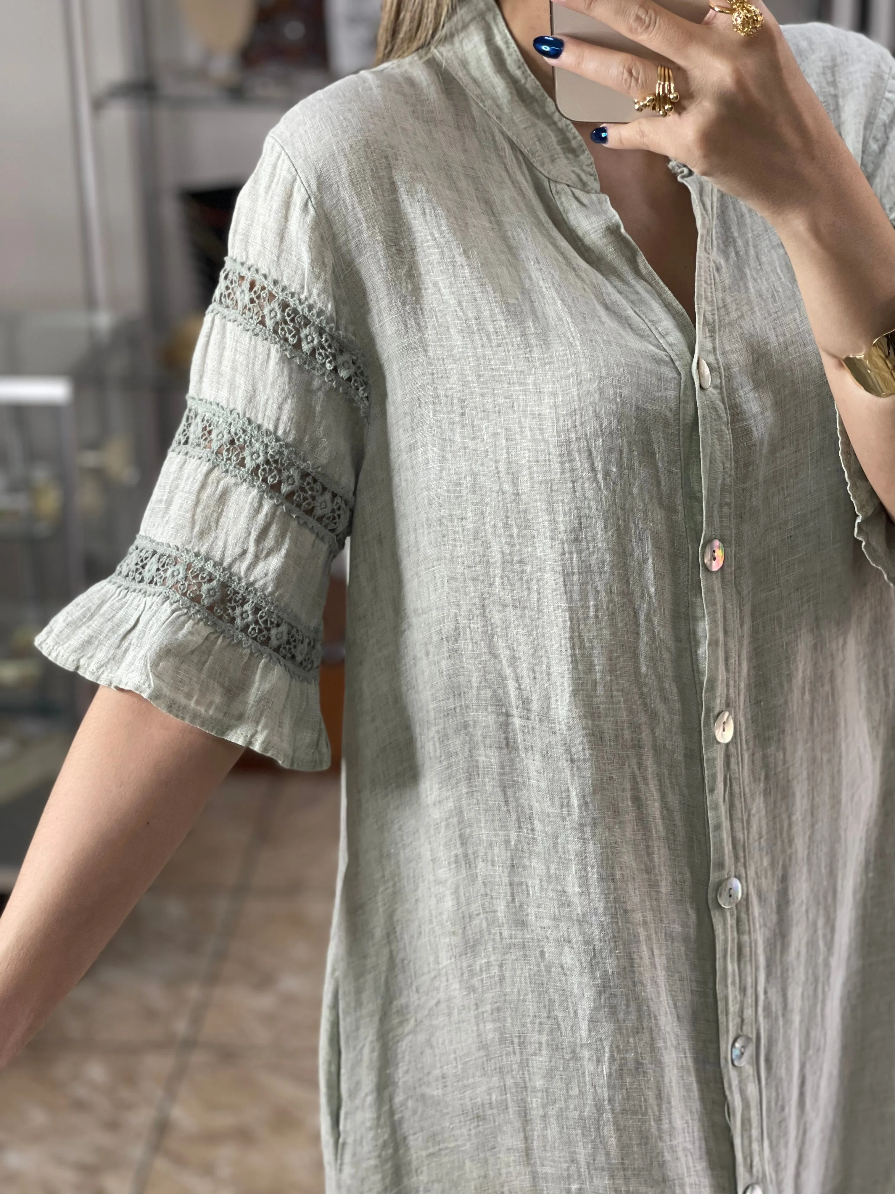 Sleeves Details Linen Maxi Dress